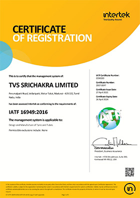 TVS Eurogrip Tyres IATF 16949 Certificate MDU 1