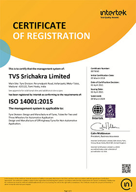 TVS Eurogrip Tyres ISO 14001 Certificate MDU