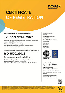 TVS Eurogrip Tyres ISO 45001 Certificate MDU